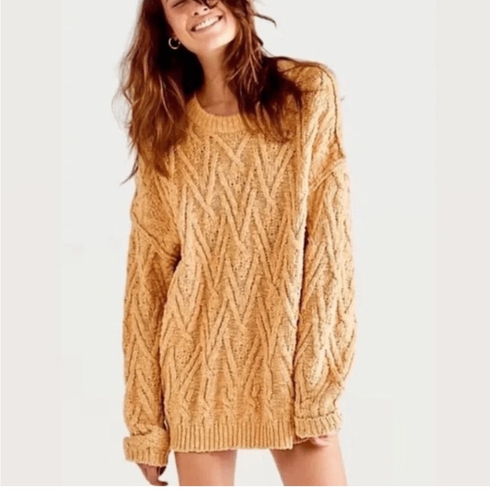 $148 Free People Womens Isla Cable Tunic
-Sweat Camel SZ XS Oversized NWT